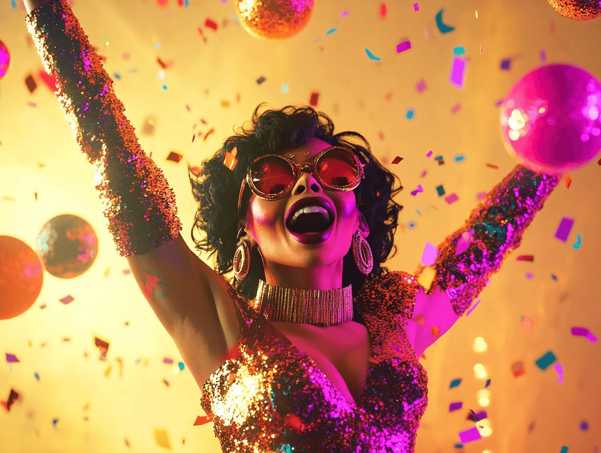 Frau mit dunklem, lockigem Haar in funkelndem Glitzeroutfit und runden, goldenen Sonnenbrillen hebt jubelnd die Arme.