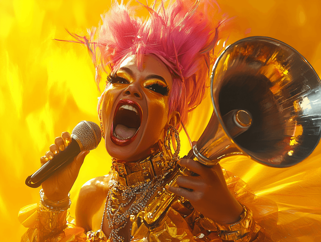 Frau mit leuchtend pinkem Haar singt energisch in ein Mikrofon, während sie in der anderen Hand einen Megafon-Lautsprecher hält.