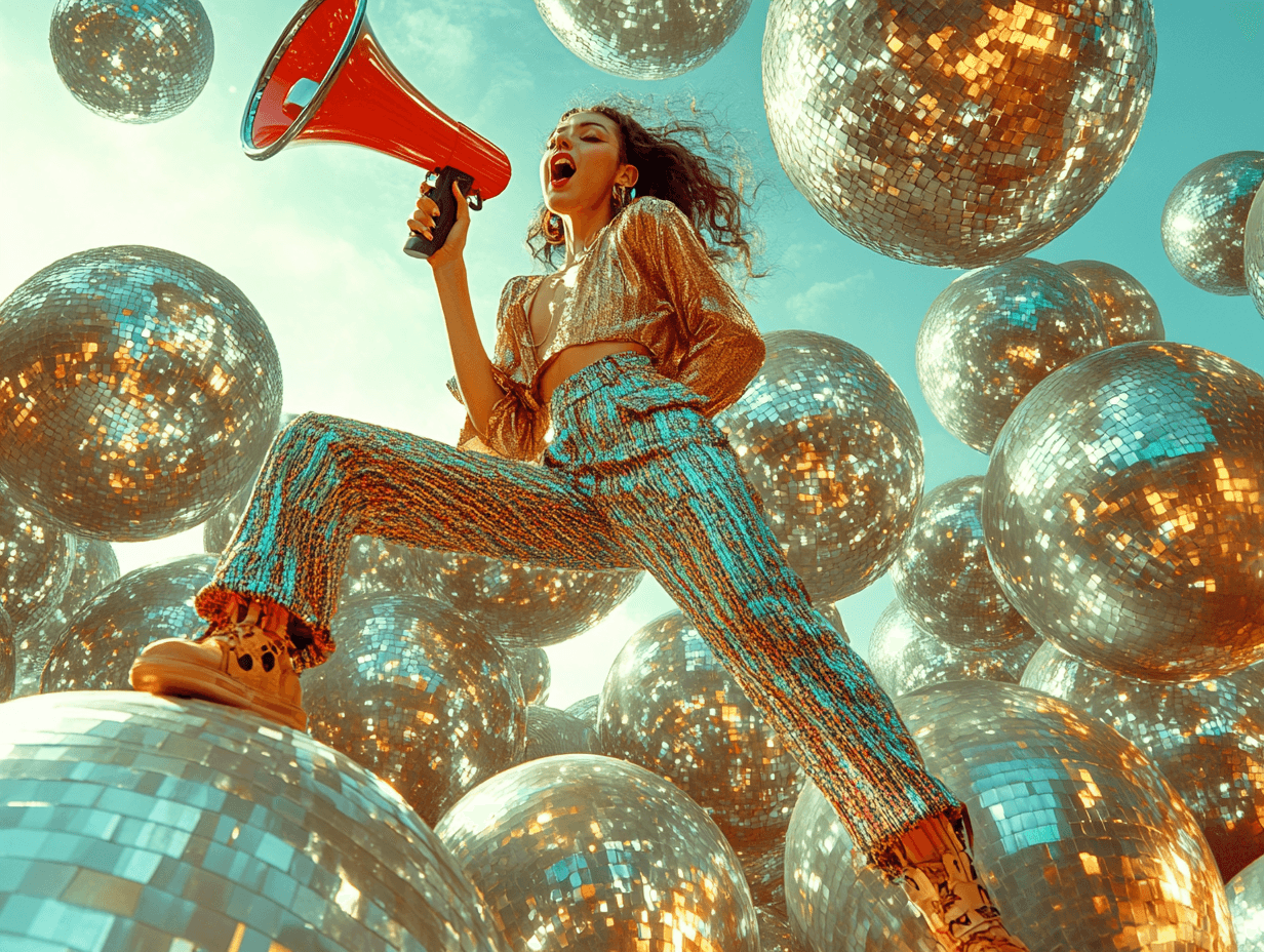 Person in goldener Crop-Top-Jacke und türkis-bunter Hose mit braunen Stiefeln, steht auf Discokugeln gegen einen blauen Himmel. Die Person hält ein rotes Megafon und ruft energisch hinein, umgeben von silbernen Discokugeln.