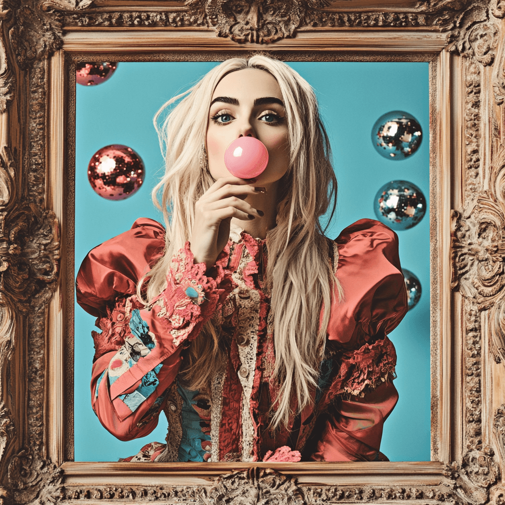 Stilisiertes Porträt einer Person mit langen blonden Haaren in einem aufwendig verzierten goldenen Bilderrahmen.