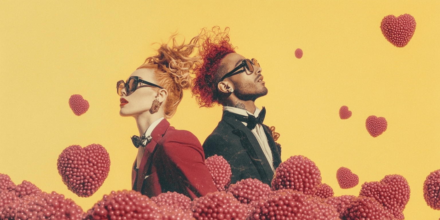 Stilisiertes Modefoto vor gelbem Hintergrund: Zwei Personen mit auffälligen Frisuren in formeller Kleidung stehen Rücken an Rücken.