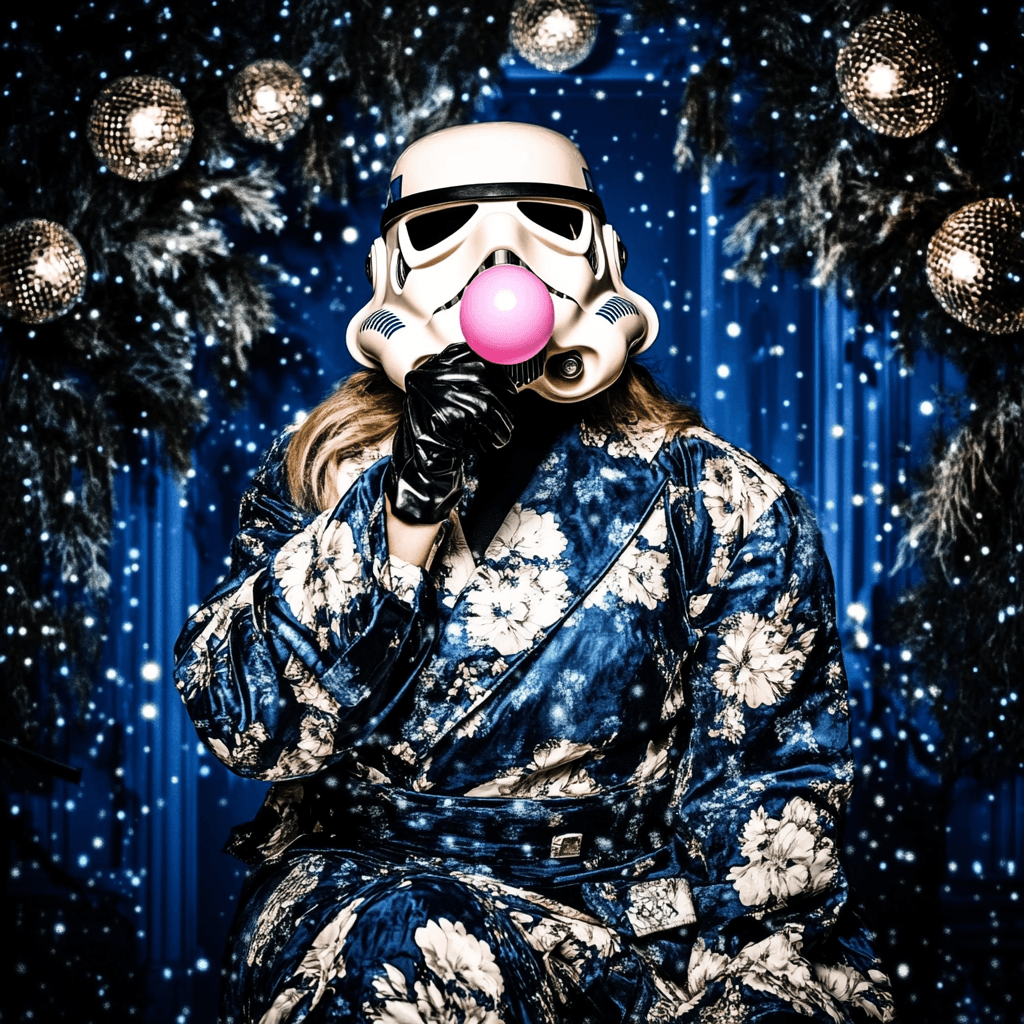 Person trägt einen weißen Stormtrooper-Helm und bläst einen rosa Kaugummi auf.