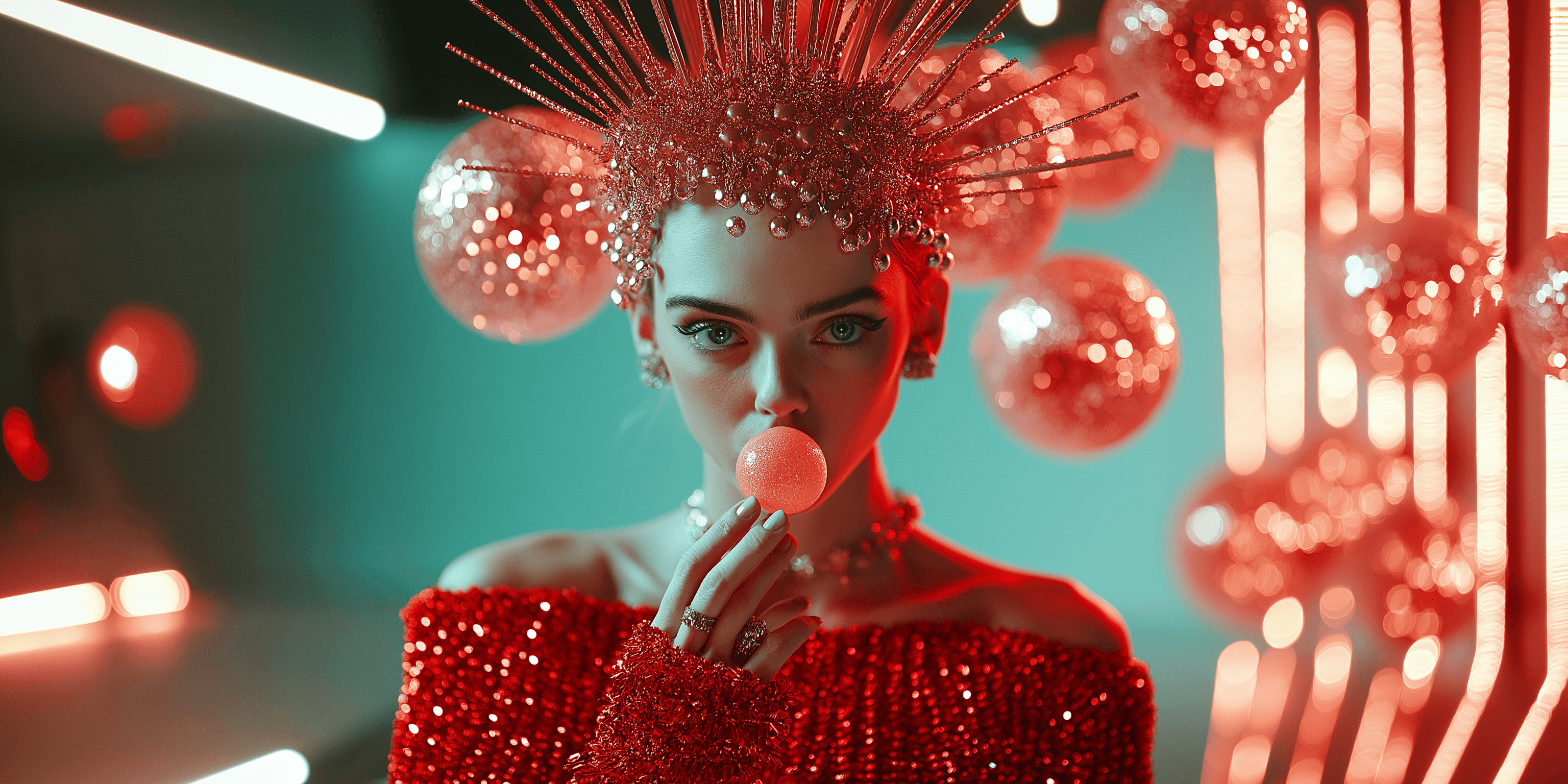 Ein stilisiertes Porträt einer Frau mit einer aufwendigen roten Kristallkrone und einem glitzernden roten Outfit.